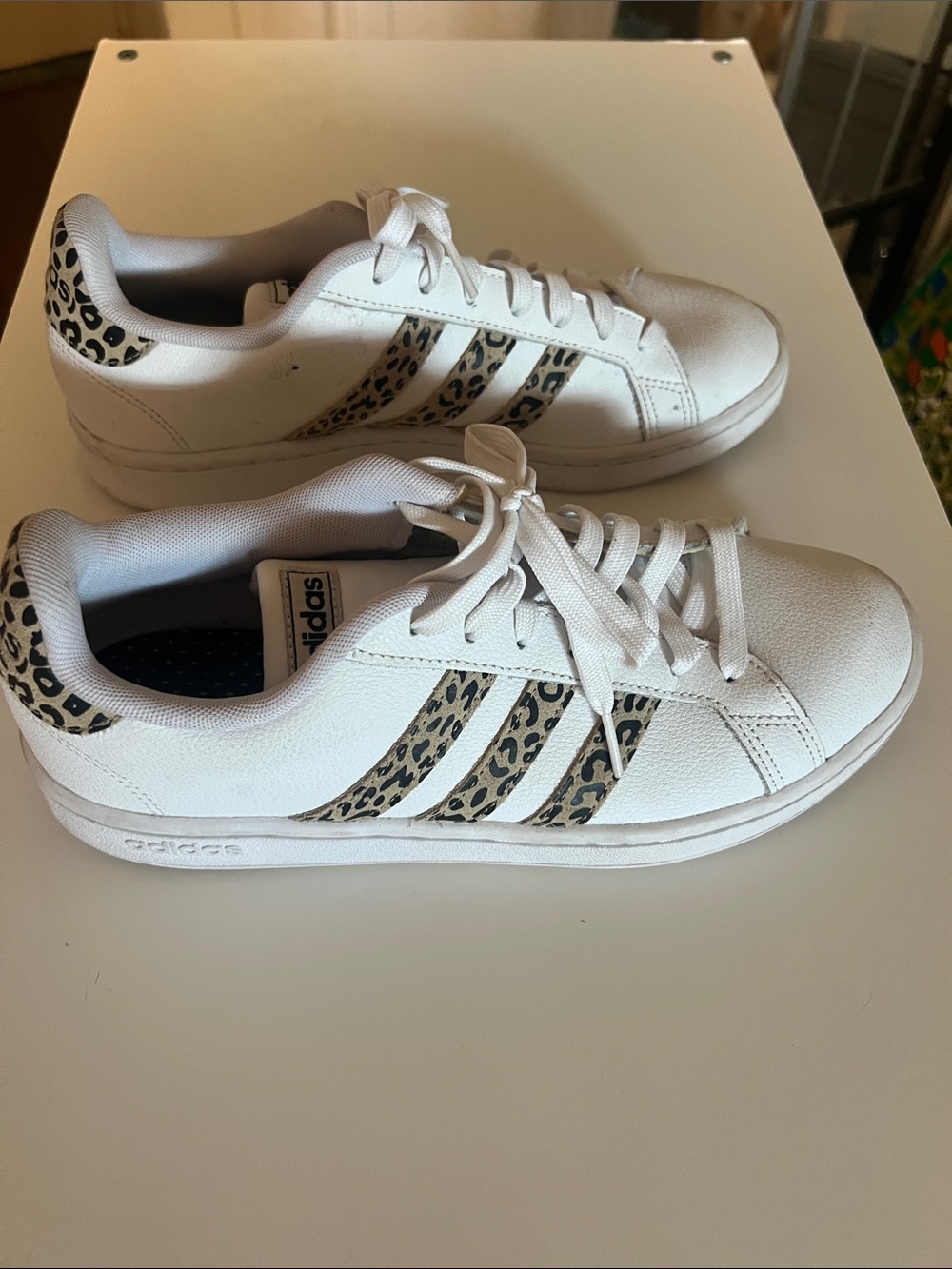 adidas White Sneakers with Leopard-Print Stripes and Heel Tab
